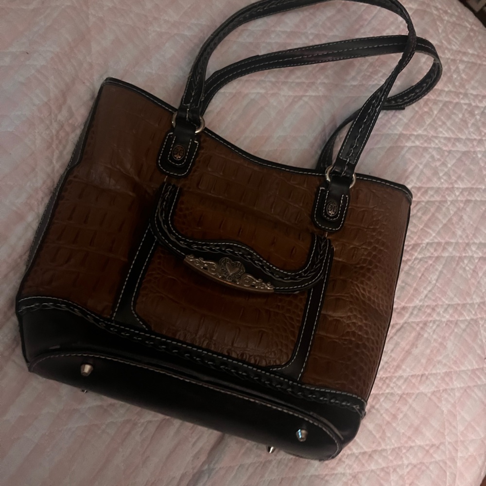 Brown and Black Croc-Embossed Tote Bag